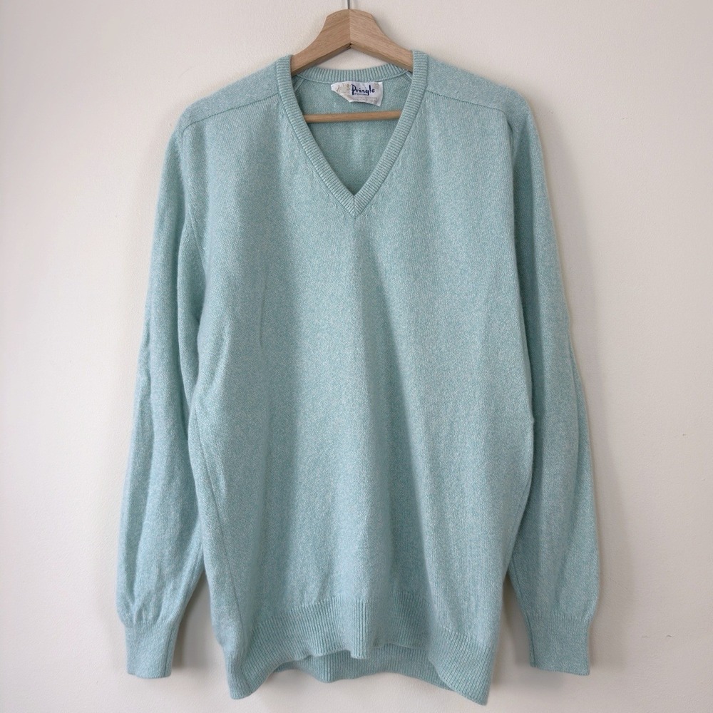 Vintage Pringle of Scotland Men's Large 100% Cashmere V-Neck Green Sweater